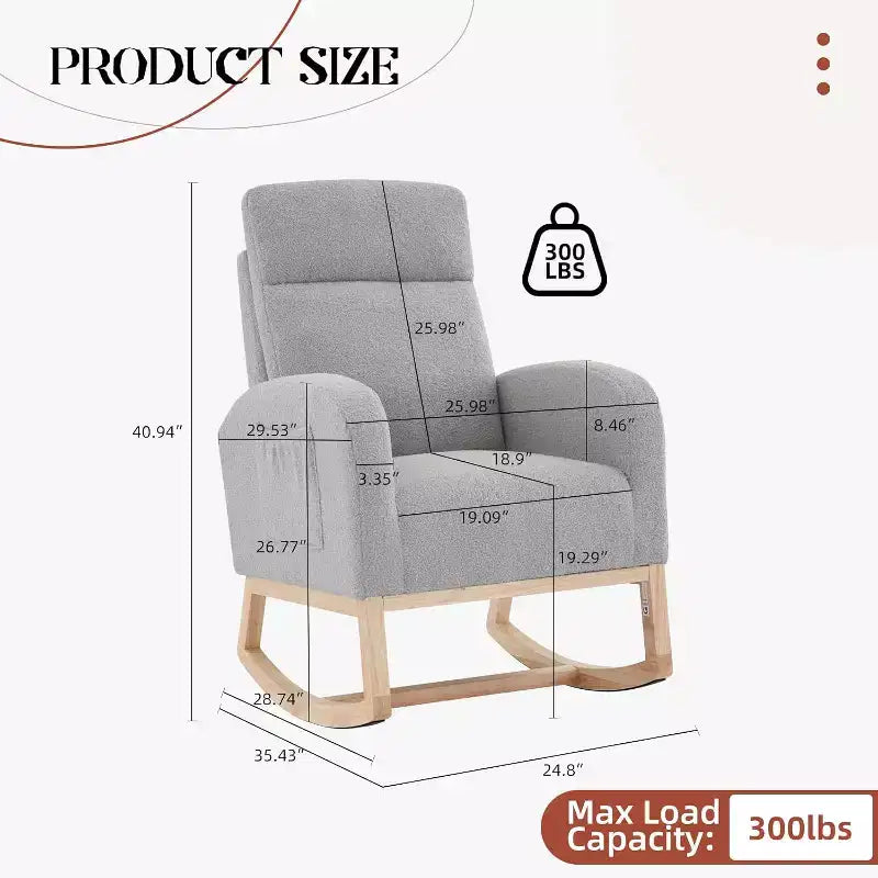 Fauteuil à bascule moderne avec dossier haut, accoudoirs, poches latérales, revêtement en polaire bouclette, pieds en bois robustes, fauteuil à bascule d'appoint pour salon, chambre à coucher