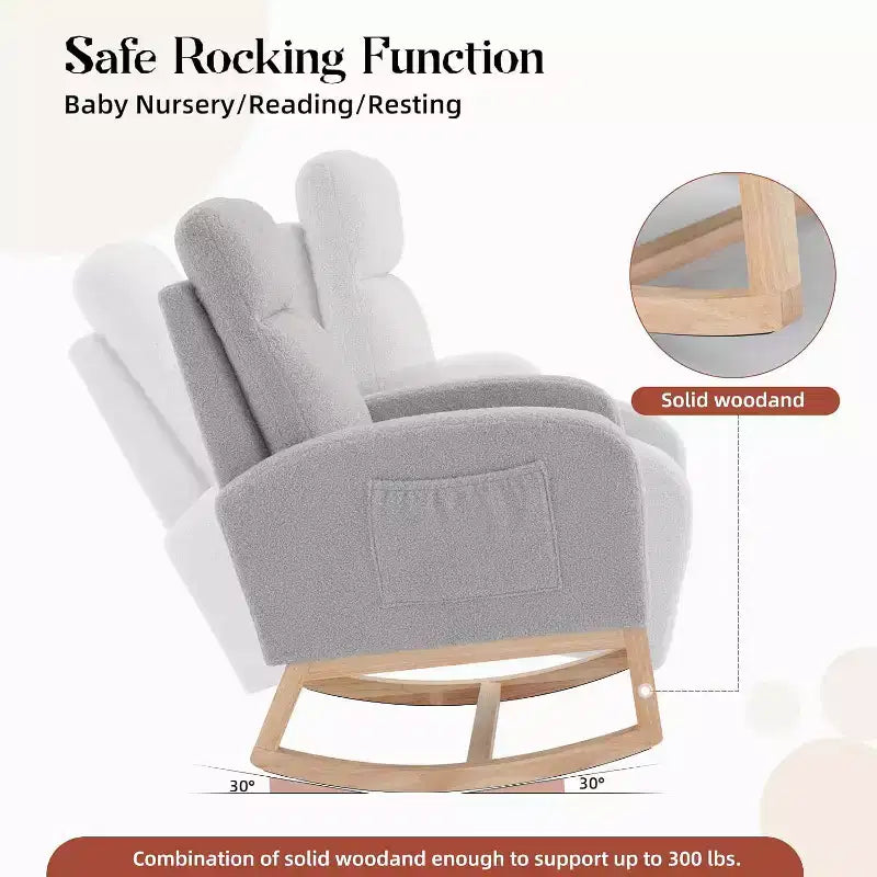 Fauteuil à bascule moderne avec dossier haut, accoudoirs, poches latérales, revêtement en polaire bouclette, pieds en bois robustes, fauteuil à bascule d'appoint pour salon, chambre à coucher
