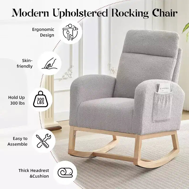 Fauteuil à bascule moderne avec dossier haut, accoudoirs, poches latérales, revêtement en polaire bouclette, pieds en bois robustes, fauteuil à bascule d'appoint pour salon, chambre à coucher