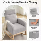 Fauteuil à bascule moderne avec dossier haut, accoudoirs, poches latérales, revêtement en polaire bouclette, pieds en bois robustes, fauteuil à bascule d'appoint pour salon, chambre à coucher