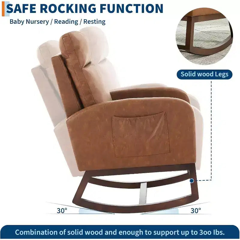 Fauteuil à bascule moderne avec dossier haut, accoudoirs, poches latérales, revêtement en polaire bouclette, pieds en bois robustes, fauteuil à bascule d'appoint pour salon, chambre à coucher