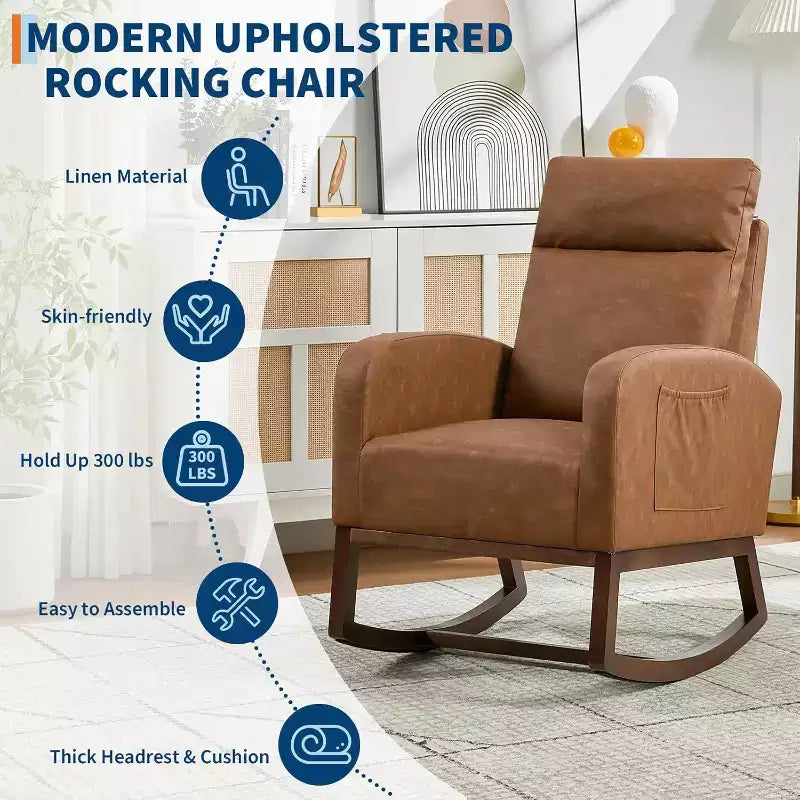 Fauteuil à bascule moderne avec dossier haut, accoudoirs, poches latérales, revêtement en polaire bouclette, pieds en bois robustes, fauteuil à bascule d'appoint pour salon, chambre à coucher