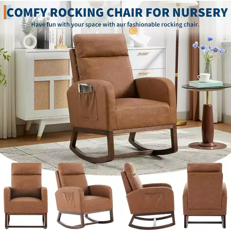 Fauteuil à bascule moderne avec dossier haut, accoudoirs, poches latérales, revêtement en polaire bouclette, pieds en bois robustes, fauteuil à bascule d'appoint pour salon, chambre à coucher