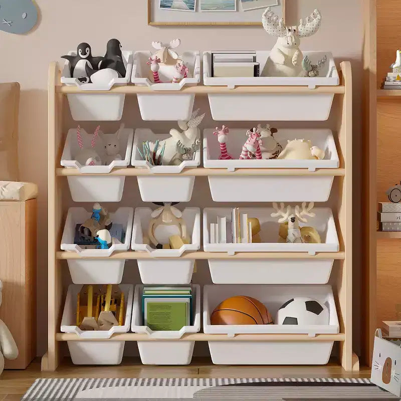 VECELO Étagère de Rangement pour Enfants avec 12 Bacs, Meuble de Rangement en Bois pour Tout-Petits, Grande Capacité pour Livres ou Jouets