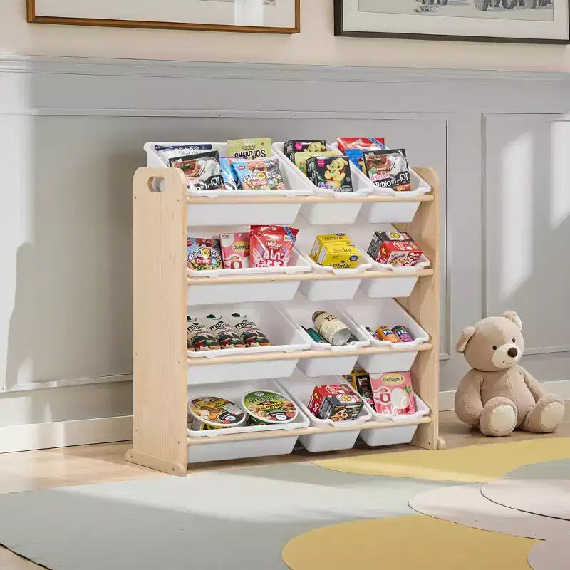 VECELO Étagère de Rangement pour Enfants avec 12 Bacs, Meuble de Rangement en Bois pour Tout-Petits, Grande Capacité pour Livres ou Jouets