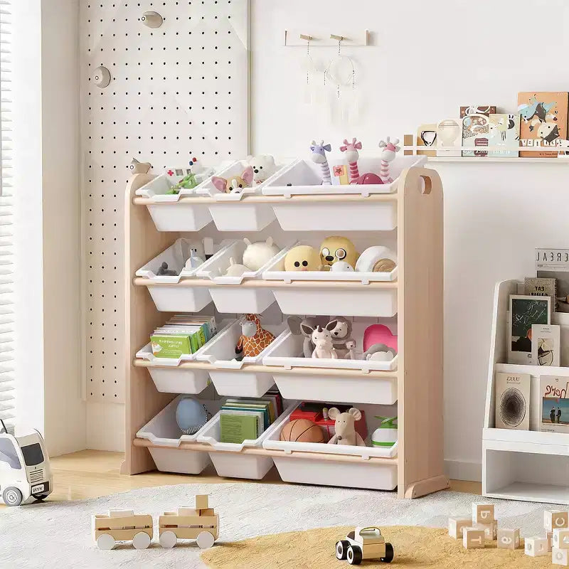VECELO Étagère de Rangement pour Enfants avec 12 Bacs, Meuble de Rangement en Bois pour Tout-Petits, Grande Capacité pour Livres ou Jouets