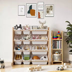 VECELO Étagère de Rangement pour Enfants avec 12 Bacs, Meuble de Rangement en Bois pour Tout-Petits, Grande Capacité pour Livres ou Jouets
