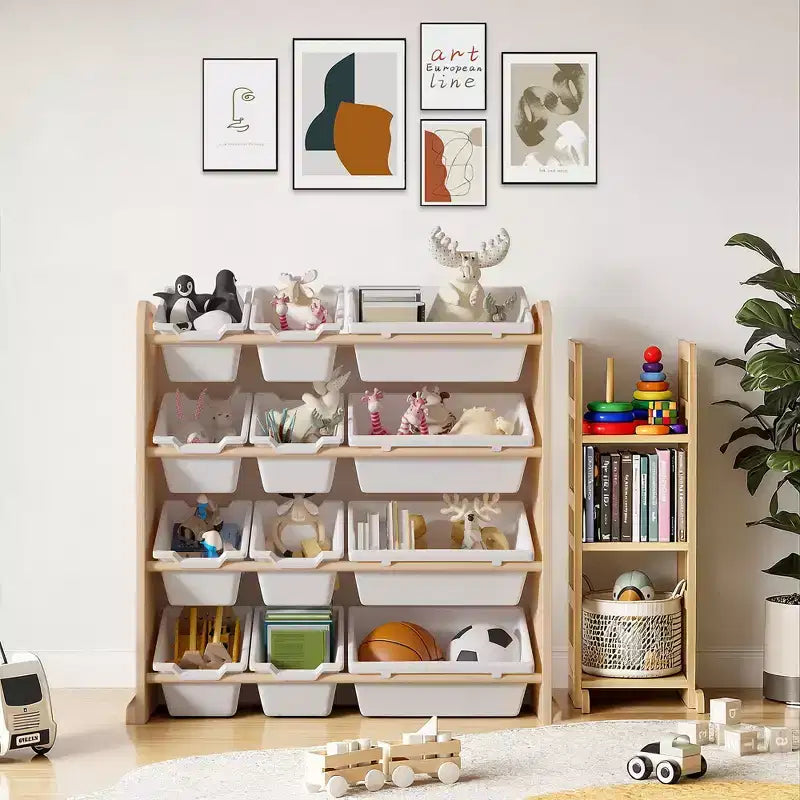 VECELO Étagère de Rangement pour Enfants avec 12 Bacs, Meuble de Rangement en Bois pour Tout-Petits, Grande Capacité pour Livres ou Jouets