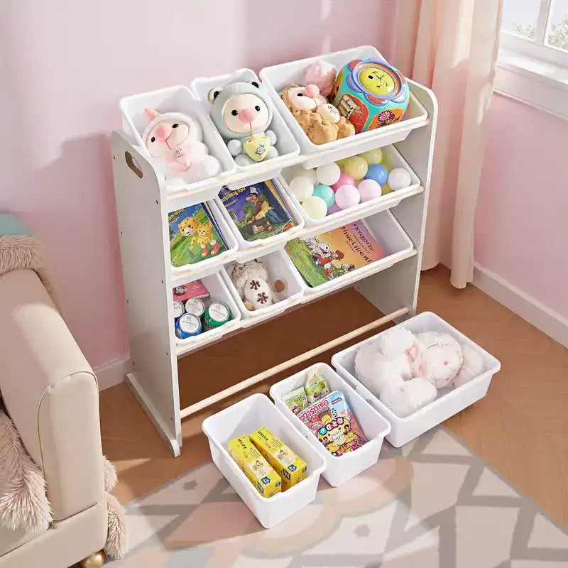 VECELO Étagère de Rangement pour Enfants avec 12 Bacs, Meuble de Rangement en Bois pour Tout-Petits, Grande Capacité pour Livres ou Jouets