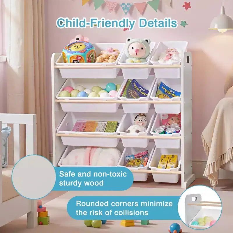 VECELO Étagère de Rangement pour Enfants avec 12 Bacs, Meuble de Rangement en Bois pour Tout-Petits, Grande Capacité pour Livres ou Jouets