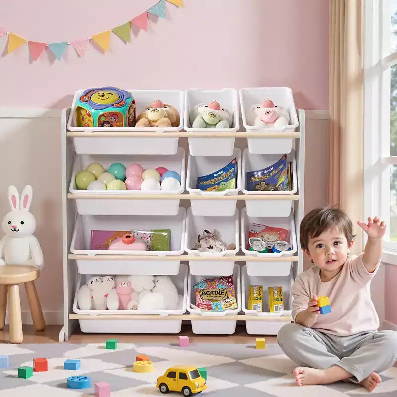 VECELO Étagère de Rangement pour Enfants avec 12 Bacs, Meuble de Rangement en Bois pour Tout-Petits, Grande Capacité pour Livres ou Jouets