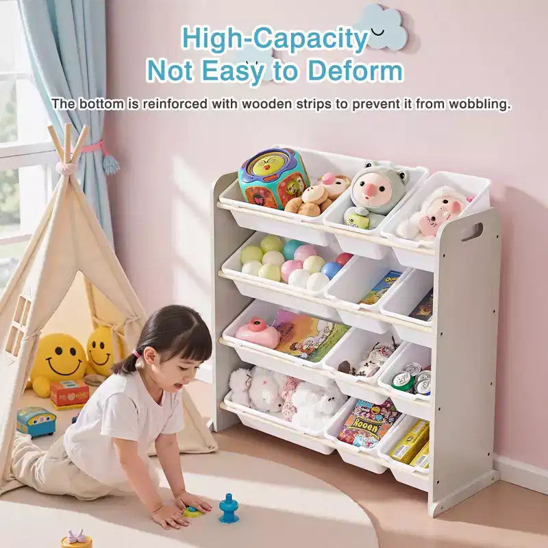 VECELO Étagère de Rangement pour Enfants avec 12 Bacs, Meuble de Rangement en Bois pour Tout-Petits, Grande Capacité pour Livres ou Jouets