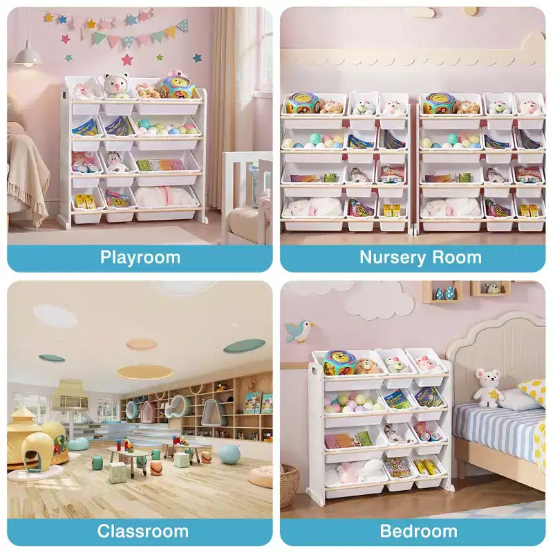 VECELO Étagère de Rangement pour Enfants avec 12 Bacs, Meuble de Rangement en Bois pour Tout-Petits, Grande Capacité pour Livres ou Jouets