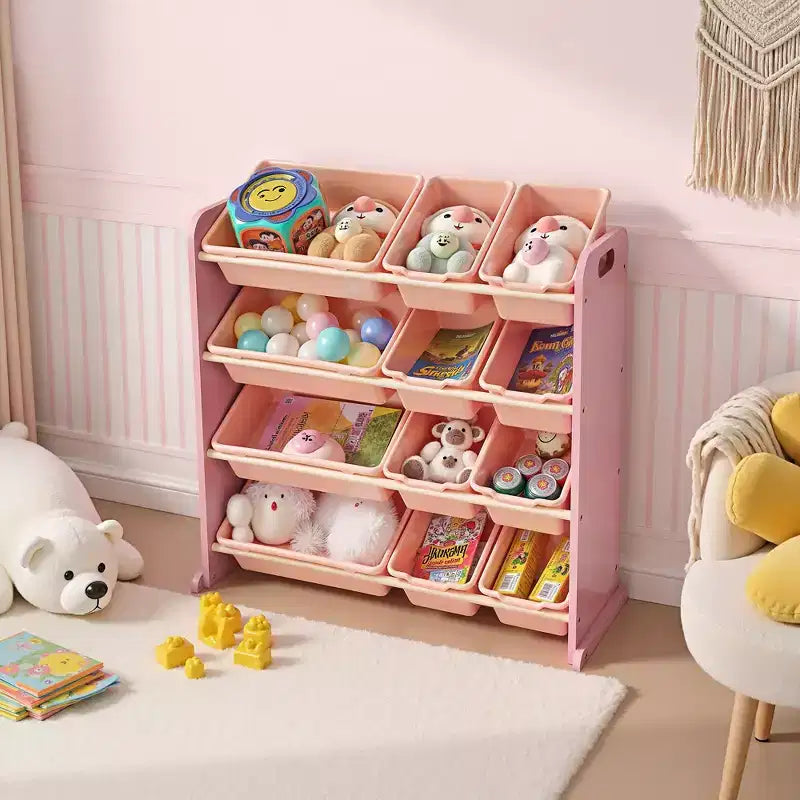 VECELO Étagère de Rangement pour Enfants avec 12 Bacs, Meuble de Rangement en Bois pour Tout-Petits, Grande Capacité pour Livres ou Jouets