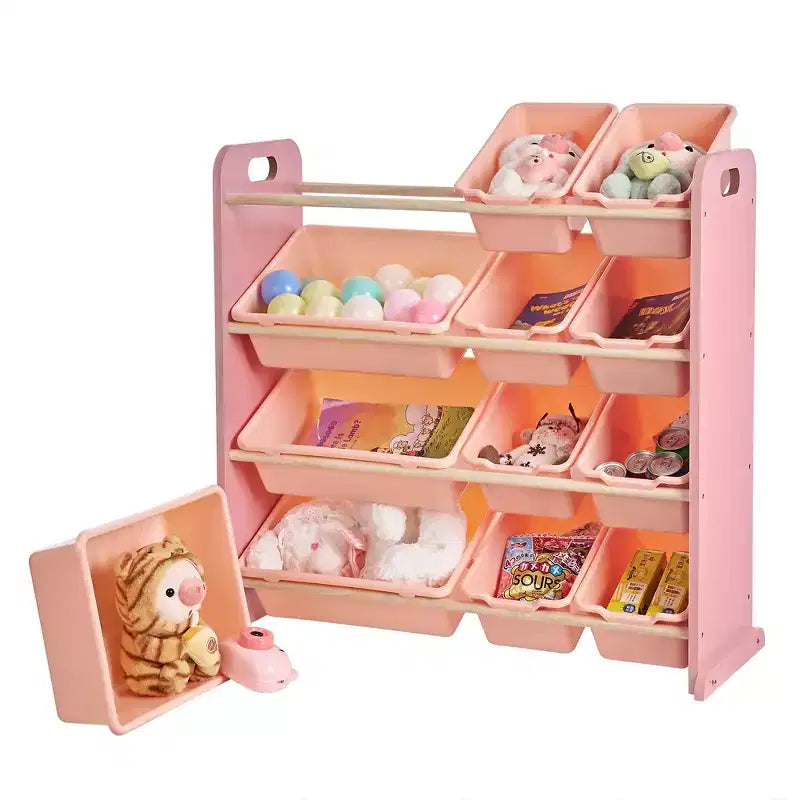 VECELO Étagère de Rangement pour Enfants avec 12 Bacs, Meuble de Rangement en Bois pour Tout-Petits, Grande Capacité pour Livres ou Jouets