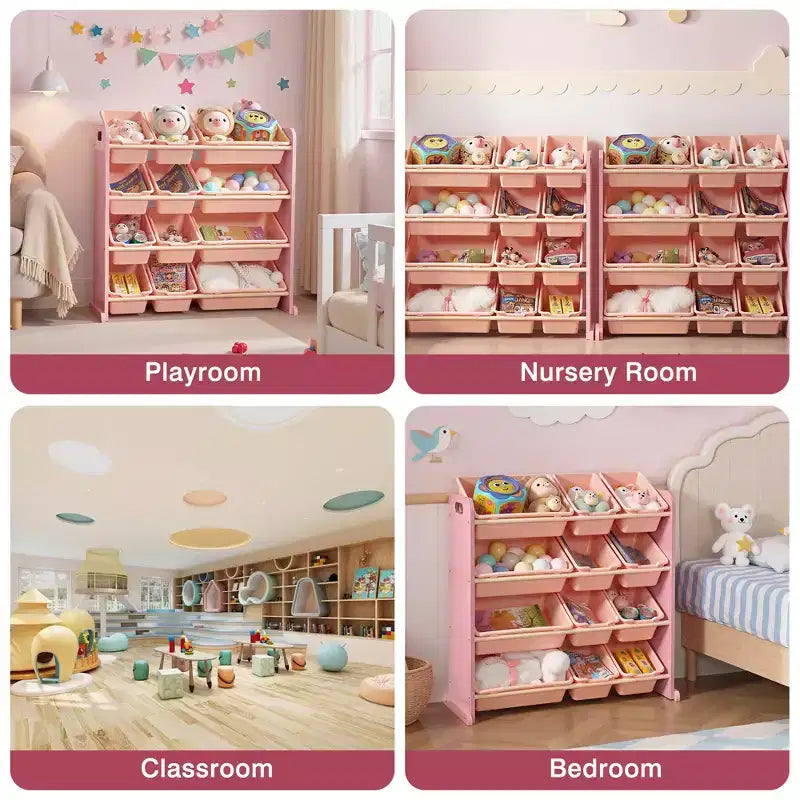 VECELO Étagère de Rangement pour Enfants avec 12 Bacs, Meuble de Rangement en Bois pour Tout-Petits, Grande Capacité pour Livres ou Jouets