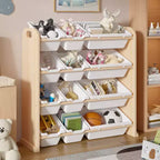 VECELO Étagère de Rangement pour Enfants avec 12 Bacs, Meuble de Rangement en Bois pour Tout-Petits, Grande Capacité pour Livres ou Jouets