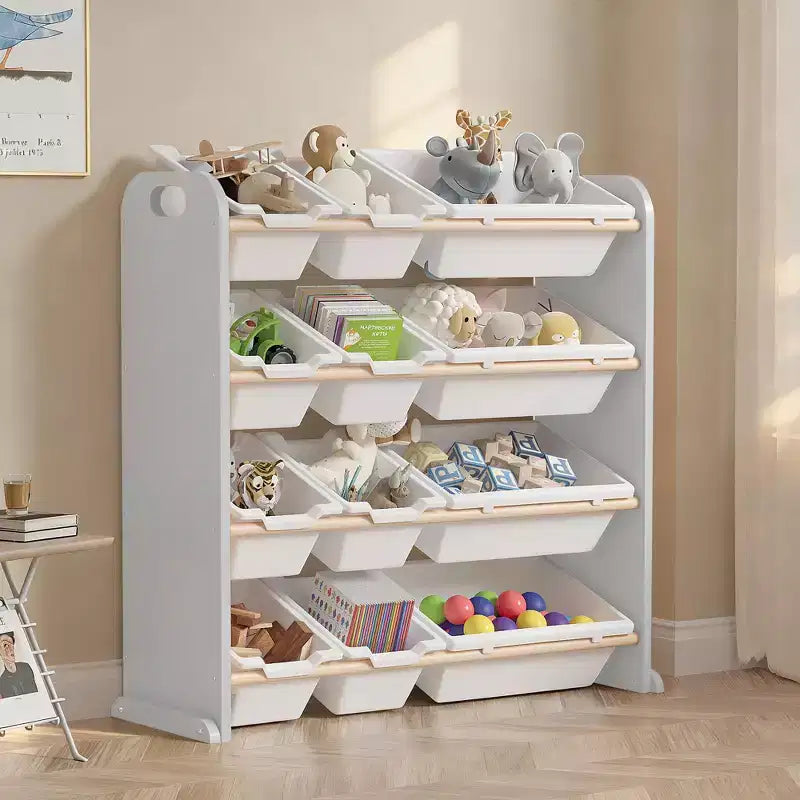 VECELO Étagère de Rangement pour Enfants avec 12 Bacs, Meuble de Rangement en Bois pour Tout-Petits, Grande Capacité pour Livres ou Jouets