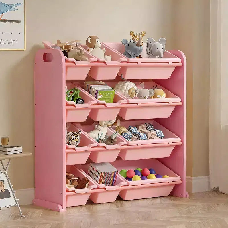 VECELO Étagère de Rangement pour Enfants avec 12 Bacs, Meuble de Rangement en Bois pour Tout-Petits, Grande Capacité pour Livres ou Jouets