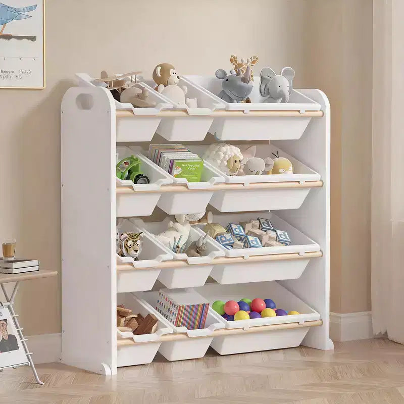 VECELO Étagère de Rangement pour Enfants avec 12 Bacs, Meuble de Rangement en Bois pour Tout-Petits, Grande Capacité pour Livres ou Jouets