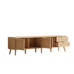 Meuble TV pour téléviseurs jusqu'à 80 pouces, meuble TV avec portes en rotin, centre de divertissement avec 2 tiroirs, trous passe-câbles et pieds en bois massif, naturel - ModernLuxe