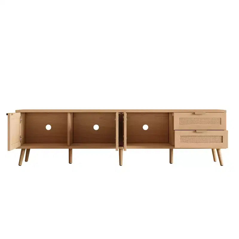 Meuble TV pour téléviseurs jusqu'à 80 pouces, meuble TV avec portes en rotin, centre de divertissement avec 2 tiroirs, trous passe-câbles et pieds en bois massif, naturel - ModernLuxe