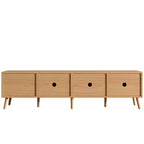 Meuble TV pour téléviseurs jusqu'à 80 pouces, meuble TV avec portes en rotin, centre de divertissement avec 2 tiroirs, trous passe-câbles et pieds en bois massif, naturel - ModernLuxe