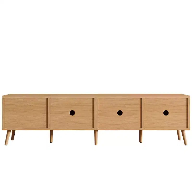 Meuble TV pour téléviseurs jusqu'à 80 pouces, meuble TV avec portes en rotin, centre de divertissement avec 2 tiroirs, trous passe-câbles et pieds en bois massif, naturel - ModernLuxe