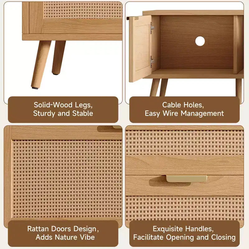 Meuble TV pour téléviseurs jusqu'à 80 pouces, meuble TV avec portes en rotin, centre de divertissement avec 2 tiroirs, trous passe-câbles et pieds en bois massif, naturel - ModernLuxe