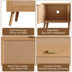 Meuble TV pour téléviseurs jusqu'à 80 pouces, meuble TV avec portes en rotin, centre de divertissement avec 2 tiroirs, trous passe-câbles et pieds en bois massif, naturel - ModernLuxe