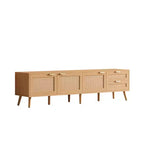 Meuble TV pour téléviseurs jusqu'à 80 pouces, meuble TV avec portes en rotin, centre de divertissement avec 2 tiroirs, trous passe-câbles et pieds en bois massif, naturel - ModernLuxe