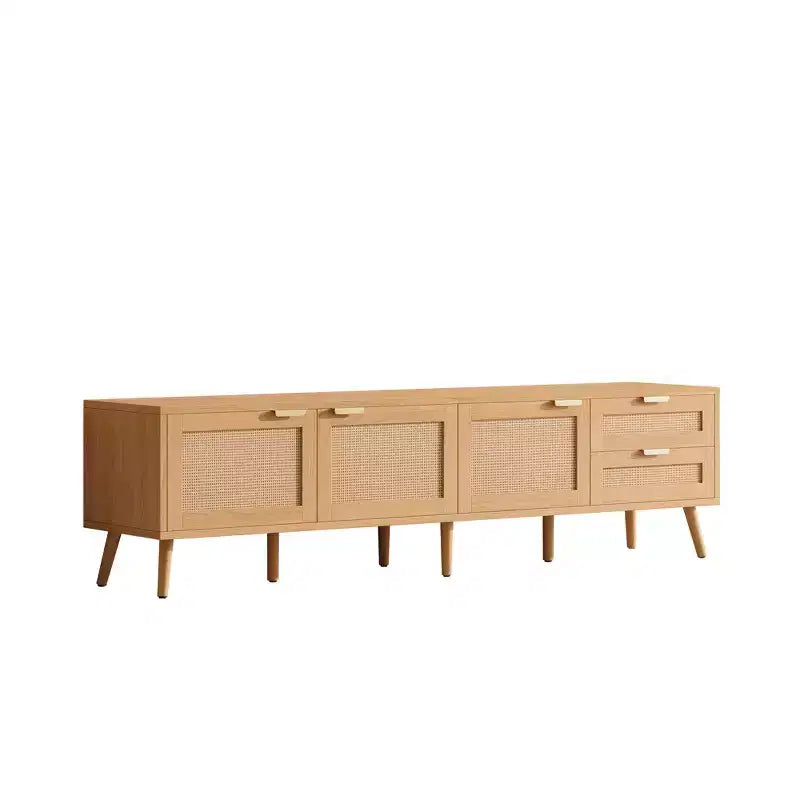 Meuble TV pour téléviseurs jusqu'à 80 pouces, meuble TV avec portes en rotin, centre de divertissement avec 2 tiroirs, trous passe-câbles et pieds en bois massif, naturel - ModernLuxe