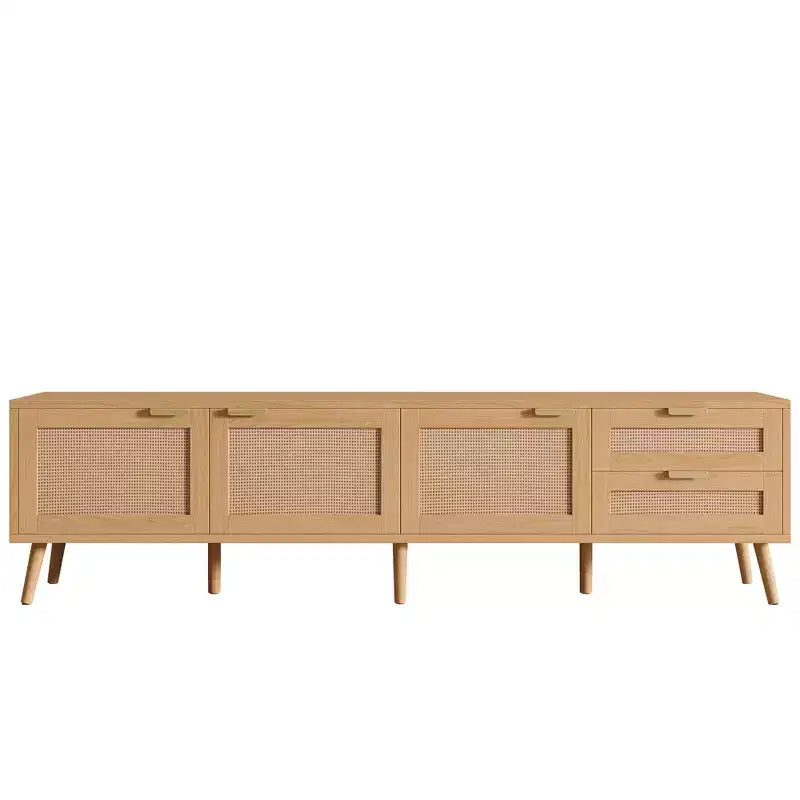 Meuble TV pour téléviseurs jusqu'à 80 pouces, meuble TV avec portes en rotin, centre de divertissement avec 2 tiroirs, trous passe-câbles et pieds en bois massif, naturel - ModernLuxe