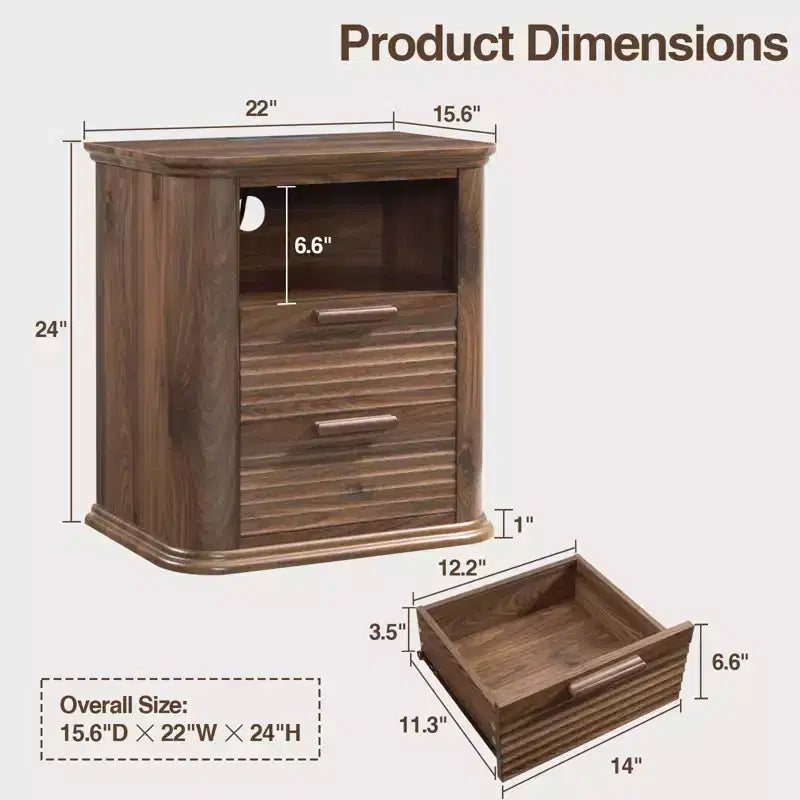 Table de chevet cannelée TUYOHW avec station de charge, table de chevet moderne avec 2 tiroirs et étagère ouverte, table d'appoint pour salon, chambre, bureau à domicile