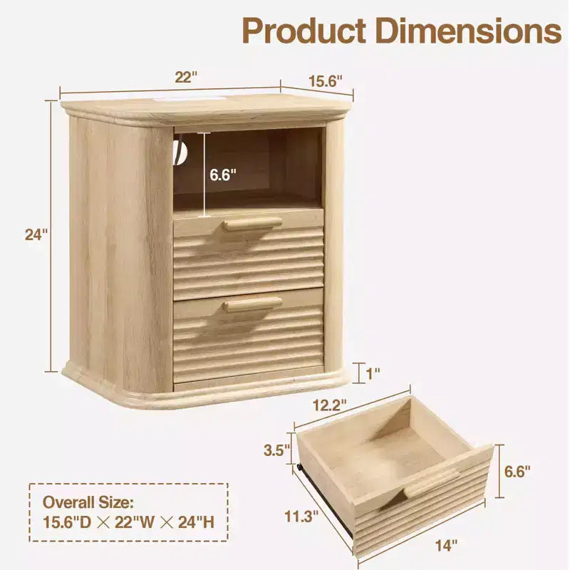 Table de chevet cannelée TUYOHW avec station de charge, table de chevet moderne avec 2 tiroirs et étagère ouverte, table d'appoint pour salon, chambre, bureau à domicile