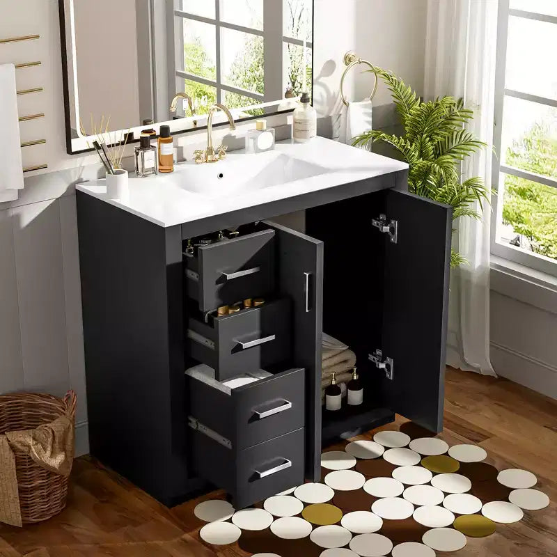 Meuble-lavabo de salle de bain de 36 po avec évier, meuble bas de salle de bain avec tiroirs et portes à fermeture amortie, meuble-lavabo simple en bois