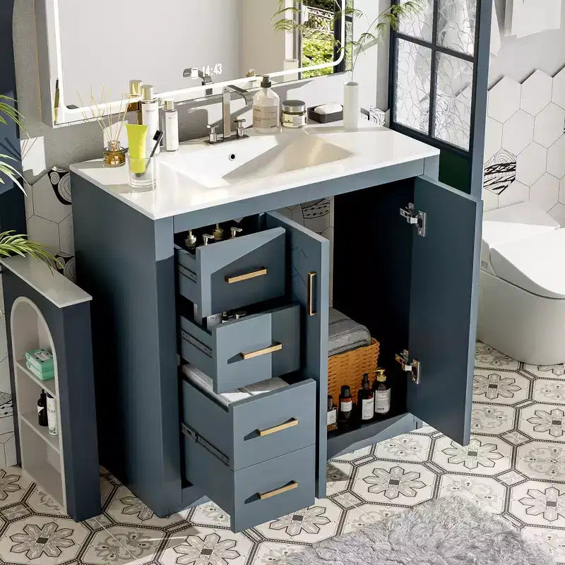 Meuble-lavabo de salle de bain de 36 po avec évier, meuble bas de salle de bain avec tiroirs et portes à fermeture amortie, meuble-lavabo simple en bois