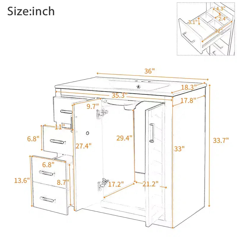 Meuble-lavabo de salle de bain de 36 po avec évier, meuble bas de salle de bain avec tiroirs et portes à fermeture amortie, meuble-lavabo simple en bois