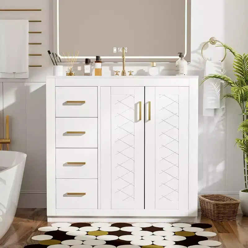 Meuble-lavabo de salle de bain de 36 po avec évier, meuble bas de salle de bain avec tiroirs et portes à fermeture amortie, meuble-lavabo simple en bois