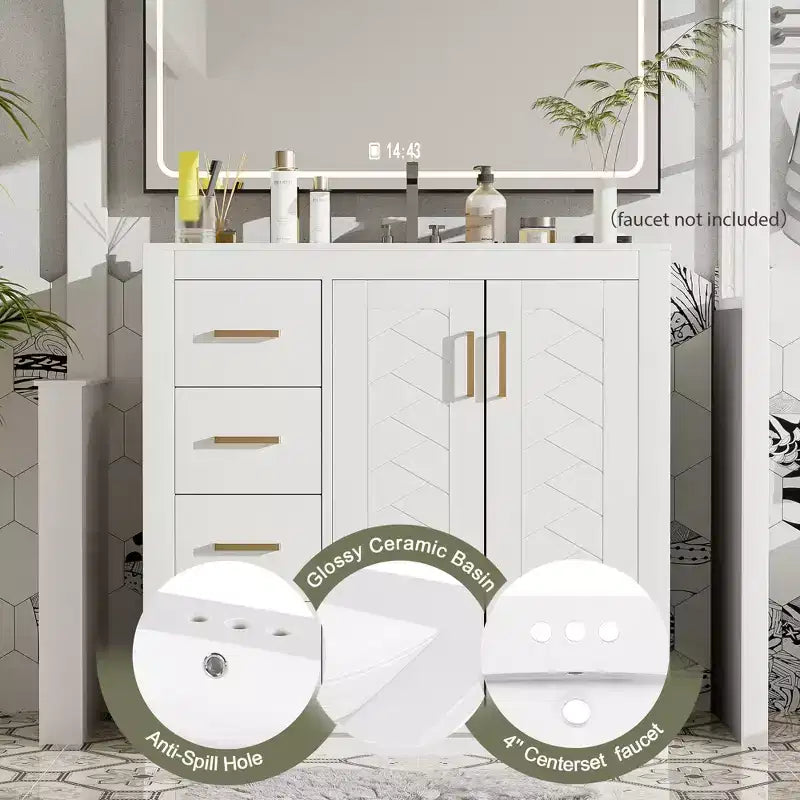 Meuble-lavabo de salle de bain de 36 po avec évier, meuble bas de salle de bain avec tiroirs et portes à fermeture amortie, meuble-lavabo simple en bois