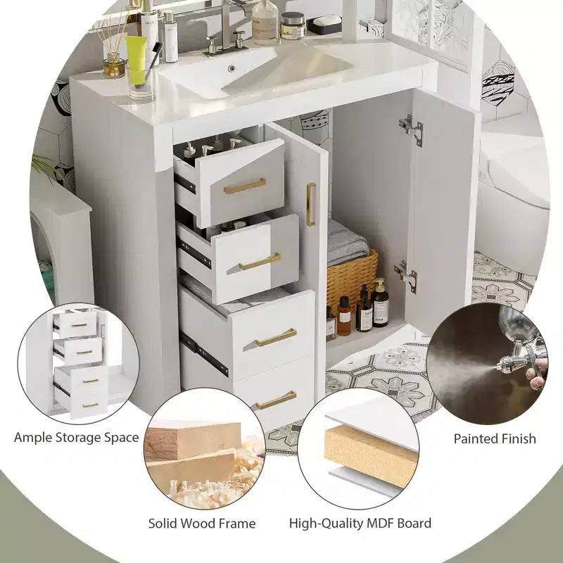 Meuble-lavabo de salle de bain de 36 po avec évier, meuble bas de salle de bain avec tiroirs et portes à fermeture amortie, meuble-lavabo simple en bois