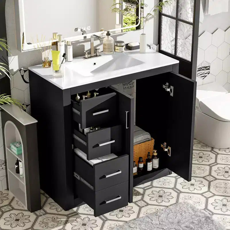 Meuble-lavabo de salle de bain de 36 po avec évier, meuble bas de salle de bain avec tiroirs et portes à fermeture amortie, meuble-lavabo simple en bois