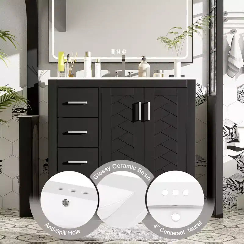 Meuble-lavabo de salle de bain de 36 po avec évier, meuble bas de salle de bain avec tiroirs et portes à fermeture amortie, meuble-lavabo simple en bois