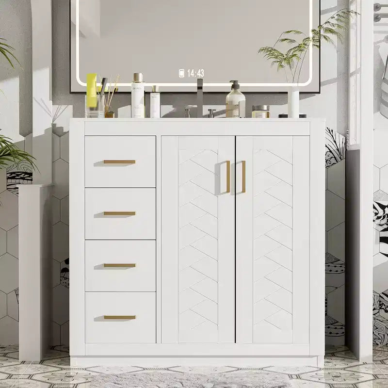Meuble-lavabo de salle de bain de 36 po avec évier, meuble bas de salle de bain avec tiroirs et portes à fermeture amortie, meuble-lavabo simple en bois