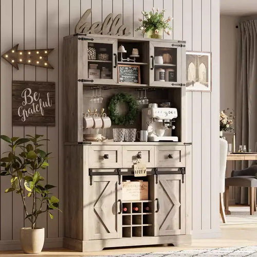 72 in Farmhouse Bar Cabinet with Sliding Barn Door, Tall Kitchen Buffet with 3 Drawer, Rustic Coffee Wine Bar Sideboard with Wine & Glasses Rack