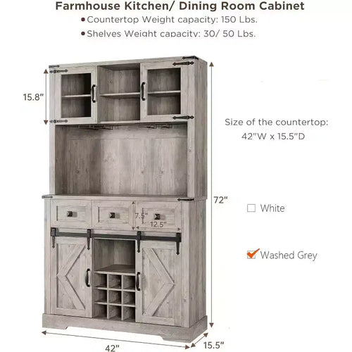Buffet de bar de ferme de 72 po avec porte coulissante, Buffet de cuisine haut avec 3 tiroirs, Desserte rustique avec porte-bouteilles et porte-verres