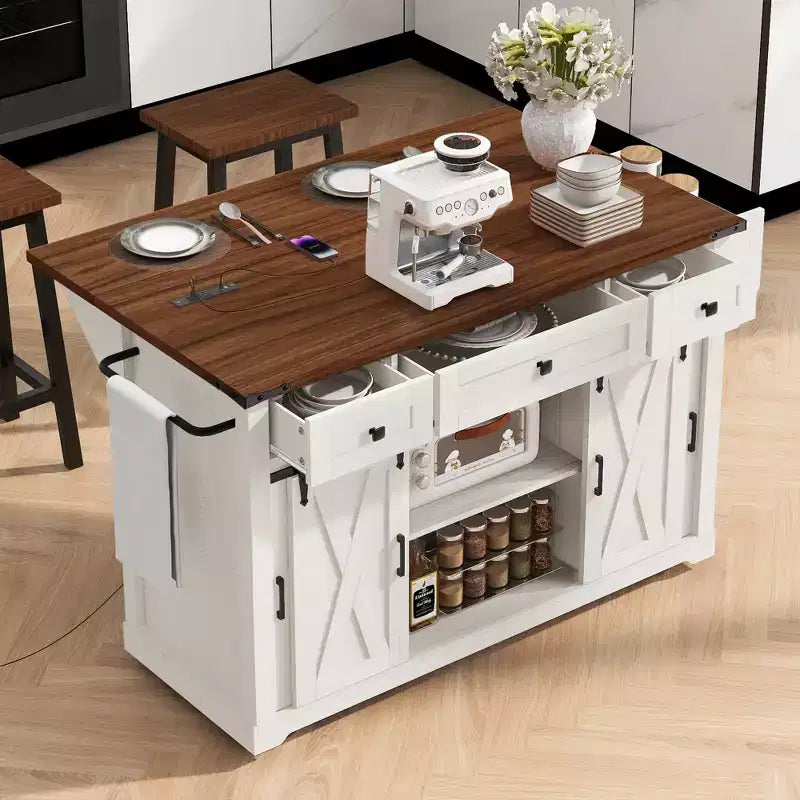 Îlot de cuisine roulant GDFStudio Mary 58 Farmhouse avec rangement, porte coulissante de style grange, porte latérale en grille métallique et abattant