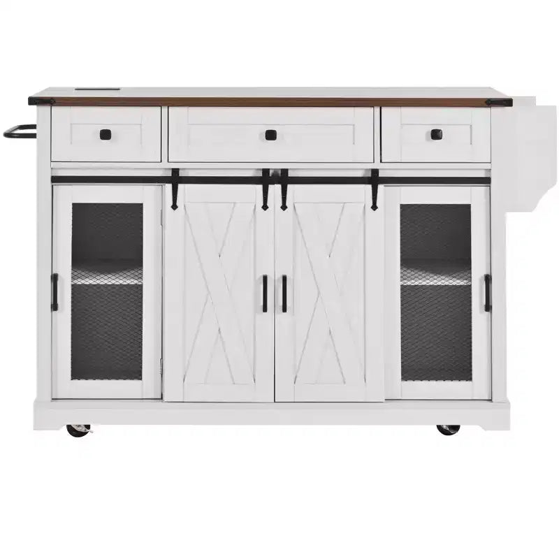 Îlot de cuisine roulant GDFStudio Mary 58 Farmhouse avec rangement, porte coulissante de style grange, porte latérale en grille métallique et abattant