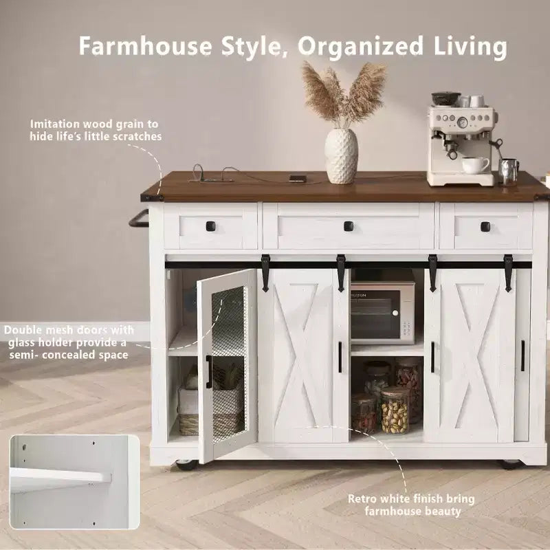 Îlot de cuisine roulant GDFStudio Mary 58 Farmhouse avec rangement, porte coulissante de style grange, porte latérale en grille métallique et abattant