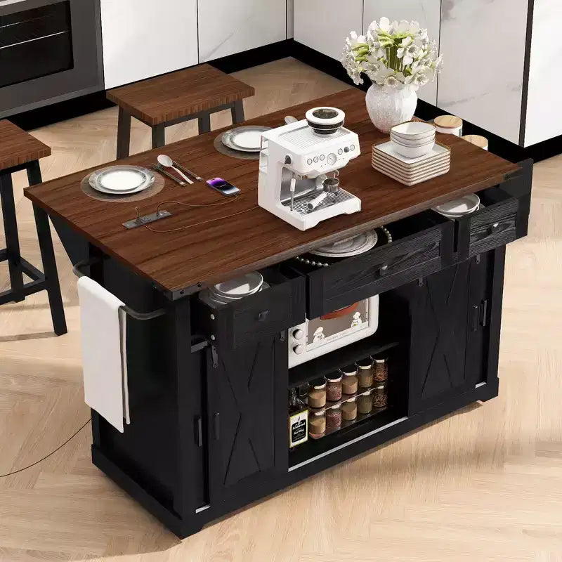 Îlot de cuisine roulant GDFStudio Mary 58 Farmhouse avec rangement, porte coulissante de style grange, porte latérale en grille métallique et abattant